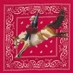 Hold On, by Texas artist Jenny Wagner featuring a bronc rider mid buck painted in oil on a red bandana