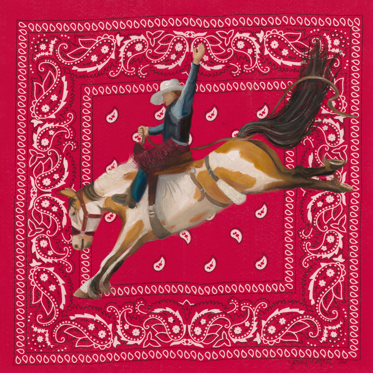 Hold On, by Texas artist Jenny Wagner featuring a bronc rider mid buck painted in oil on a red bandana