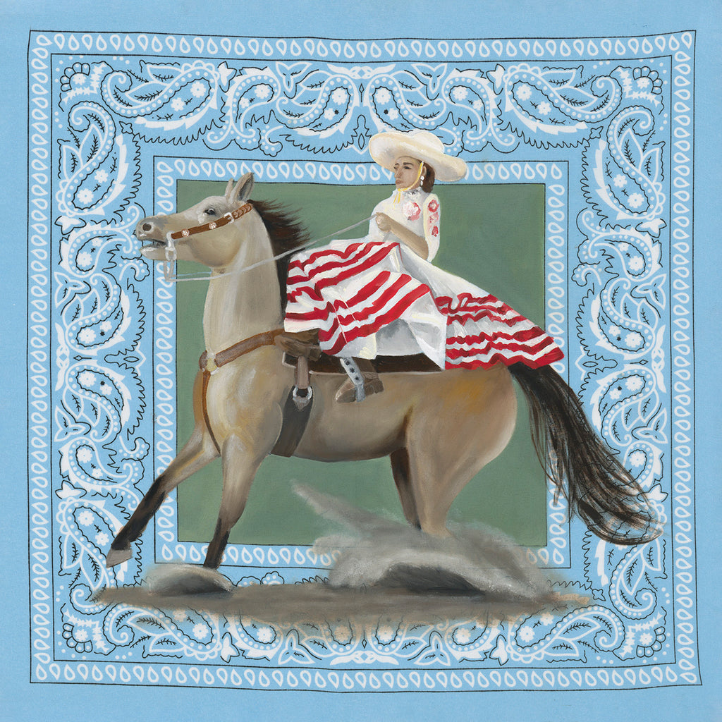 Original Oil Painting, La Escaramuza, by Texas artist Jenny Wagner features a female Escaramuza rider in traditional dress, side saddle while her horse races to a stop. Painted on a blue bandana, part of the Bandana Series