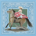 Original Oil Painting, La Escaramuza, by Texas artist Jenny Wagner features a female Escaramuza rider in traditional dress, side saddle while her horse races to a stop. Painted on a blue bandana, part of the Bandana Series
