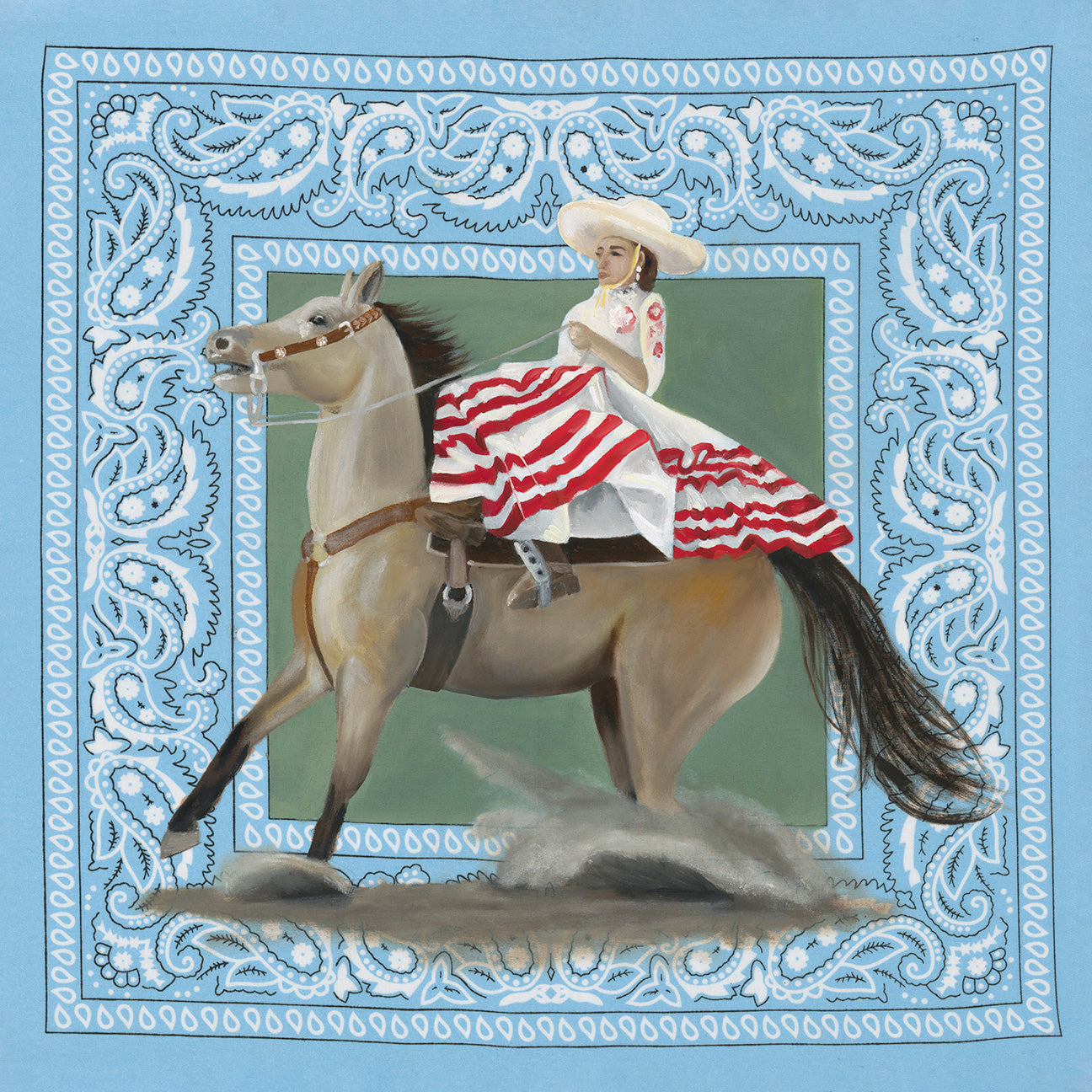 Original Oil Painting, La Escaramuza, by Texas artist Jenny Wagner features a female Escaramuza rider in traditional dress, side saddle while her horse races to a stop. Painted on a blue bandana, part of the Bandana Series