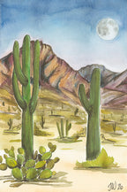 Close up on the original watercolor, Desert Moon by Texas artist Jenny Wagner of a desert scene with Saguaro cacti and a full moon 