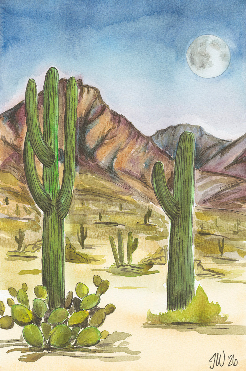 Close up on the original watercolor, Desert Moon by Texas artist Jenny Wagner of a desert scene with Saguaro cacti and a full moon 