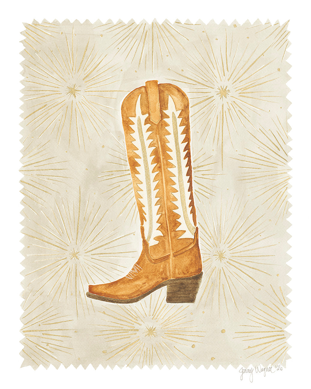Original watercolor painting in the Jenny Wagner Boot Series, Starburst. Features a warm brown boot with metallic features on a soft background with metallic starburst