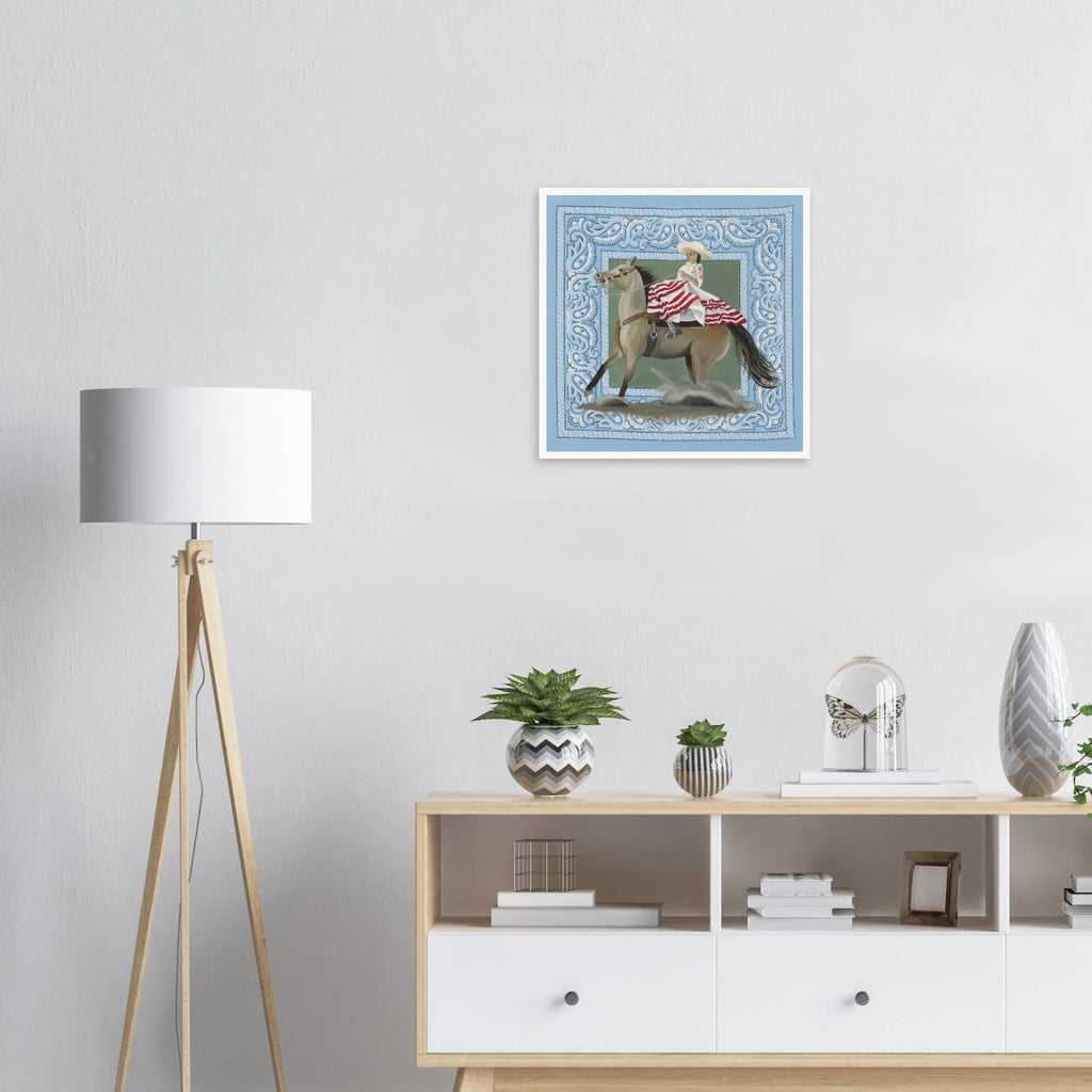Fine Art Print by Jenny Wagner of Escaramuza Rider on a neutral living room wall