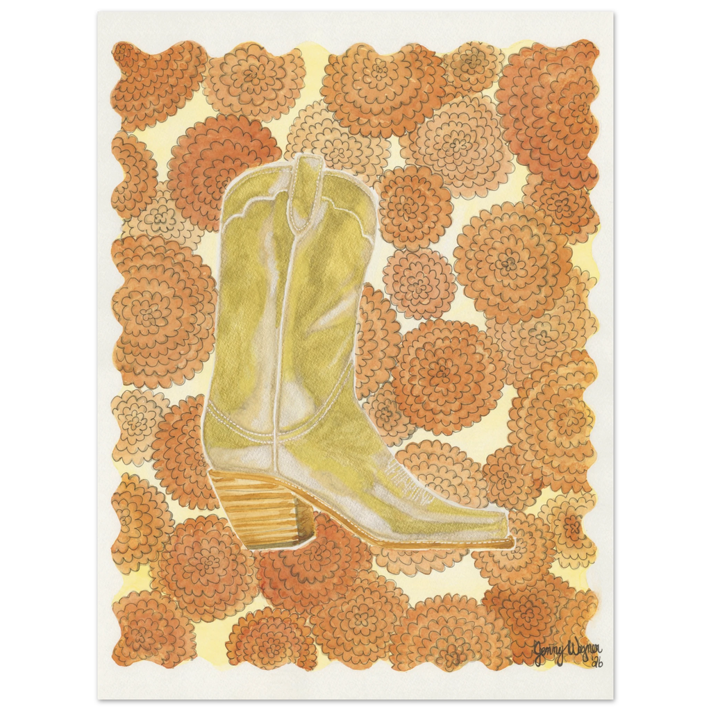 Standing in Marigolds is a fine art watercolor print by Texas artist Jenny Wagner. A gold western boot is surrounded by marigold blooms.