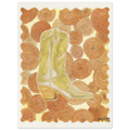 Standing in Marigolds is a fine art watercolor print by Texas artist Jenny Wagner. A gold western boot is surrounded by marigold blooms.