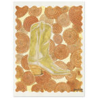 Standing in Marigolds is a fine art watercolor print by Texas artist Jenny Wagner. A gold western boot is surrounded by marigold blooms.