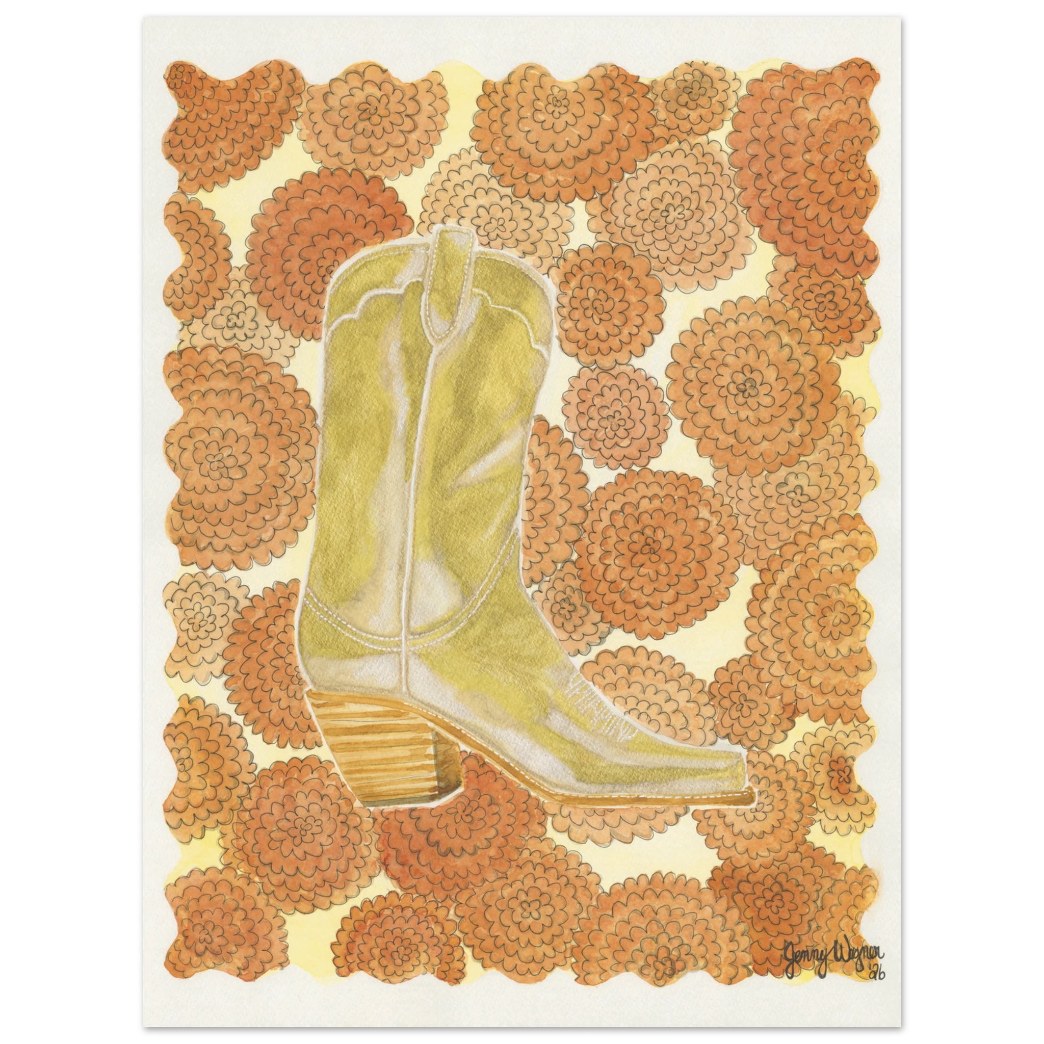 Standing in Marigolds is a fine art watercolor print by Texas artist Jenny Wagner. A gold western boot is surrounded by marigold blooms.