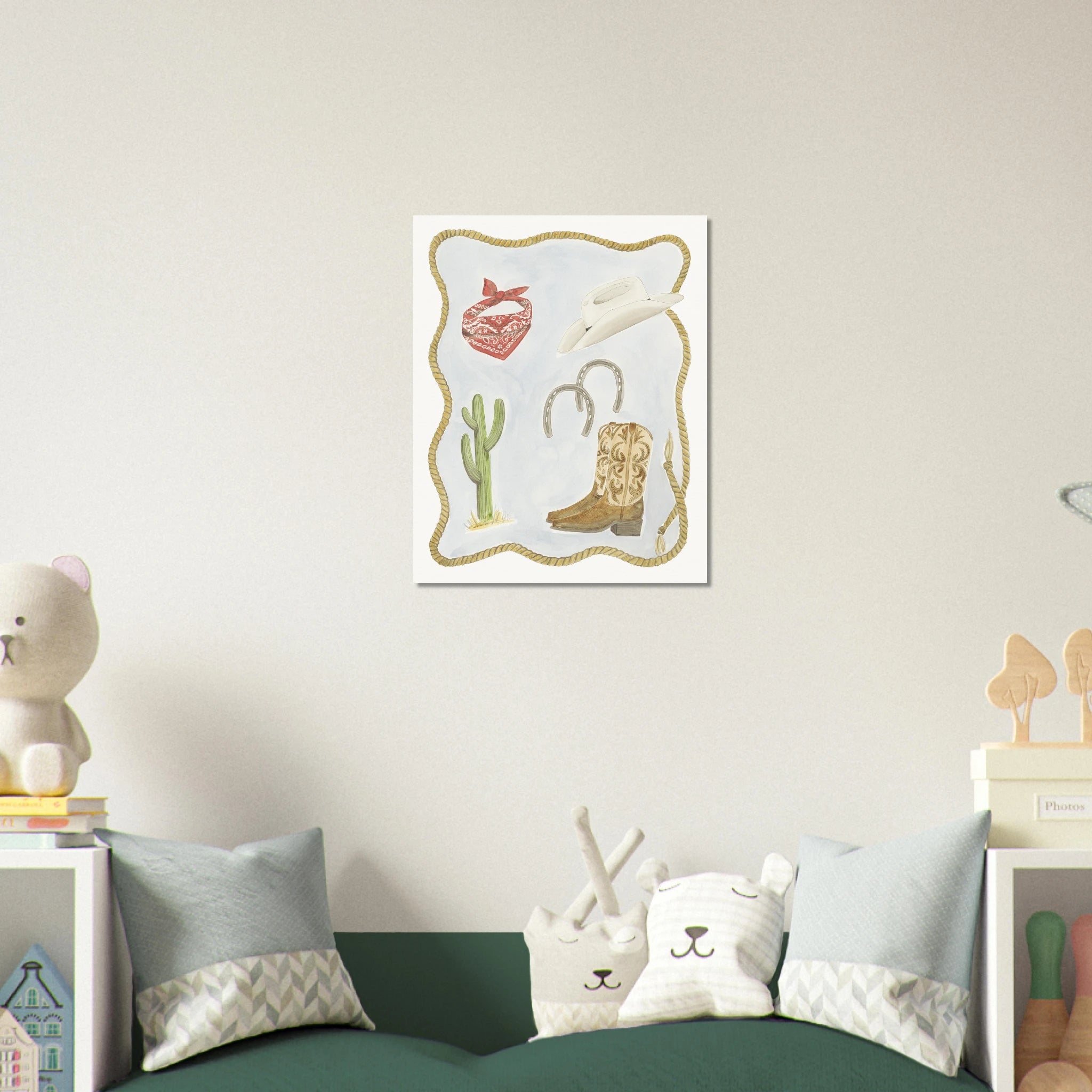 Cowboy Keepsakes, Western watercolor fine art print by Houston based artist Jenny Wagner, shown in a children's room