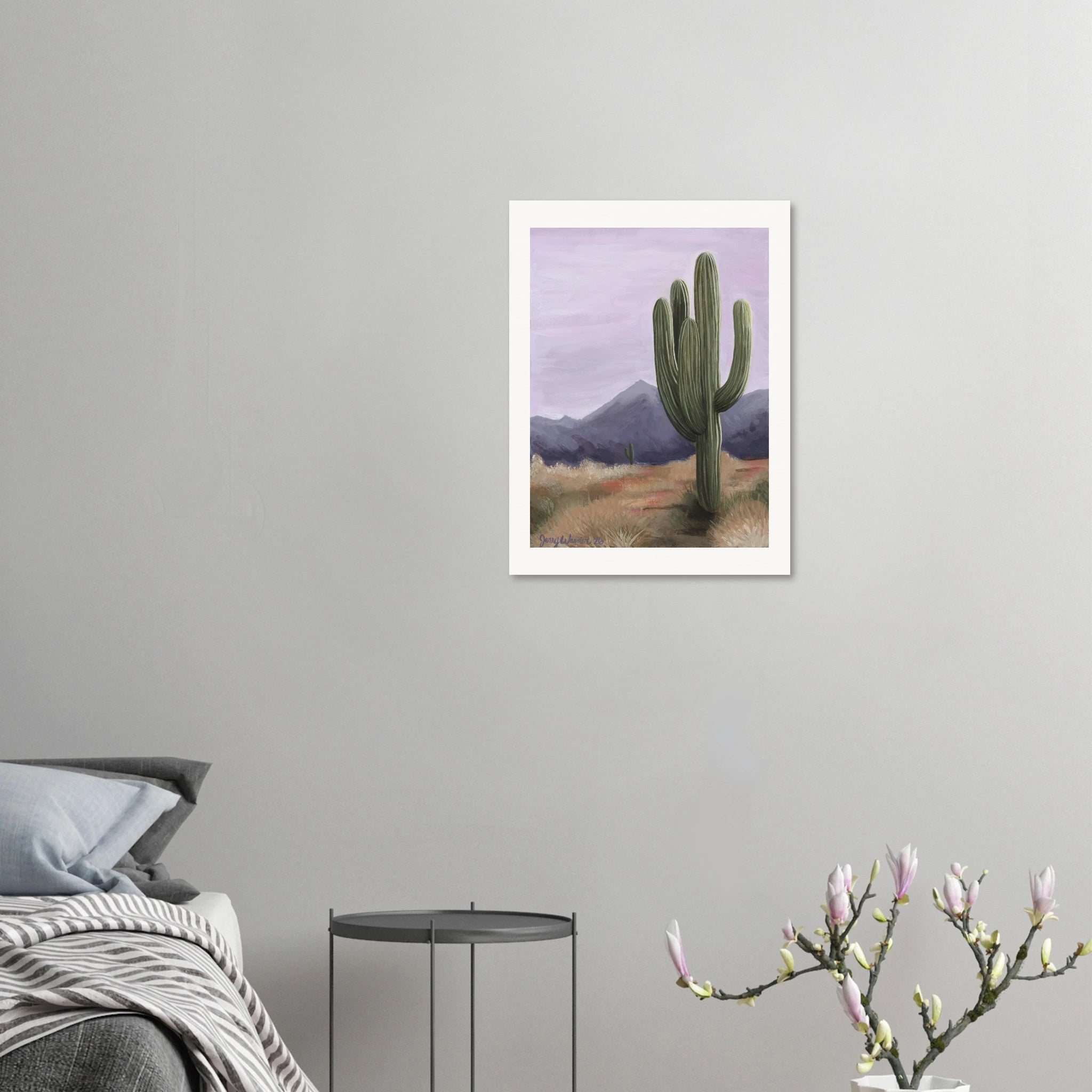Western fine art print Lavender Horizon by Texas artist Jenny Wagner shown on a bedroom wall