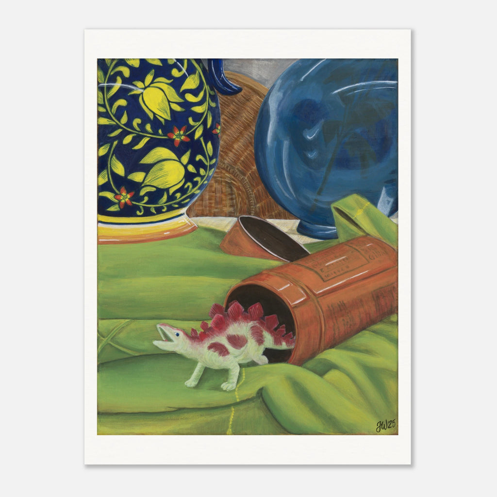The Unexpected Guest art print by Jenny Wagner. A stegosaurs wanders into a colorful still life. Printed on archival paper.