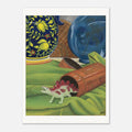 The Unexpected Guest art print by Jenny Wagner. A stegosaurs wanders into a colorful still life. Printed on archival paper.