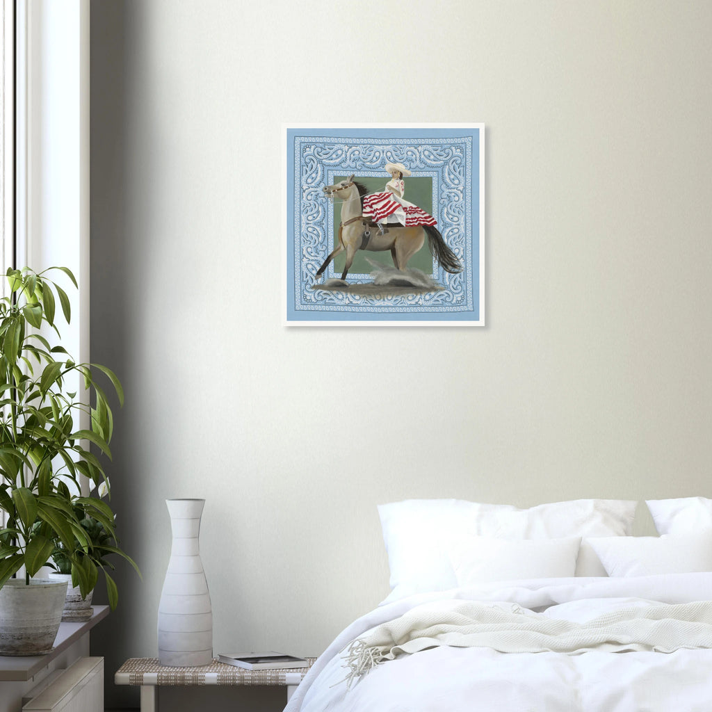 Mock up of Fine Art print, La Escaramuza, on a neutral bedroom wall