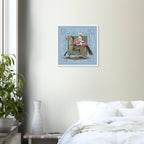 Mock up of Fine Art print, La Escaramuza, on a neutral bedroom wall