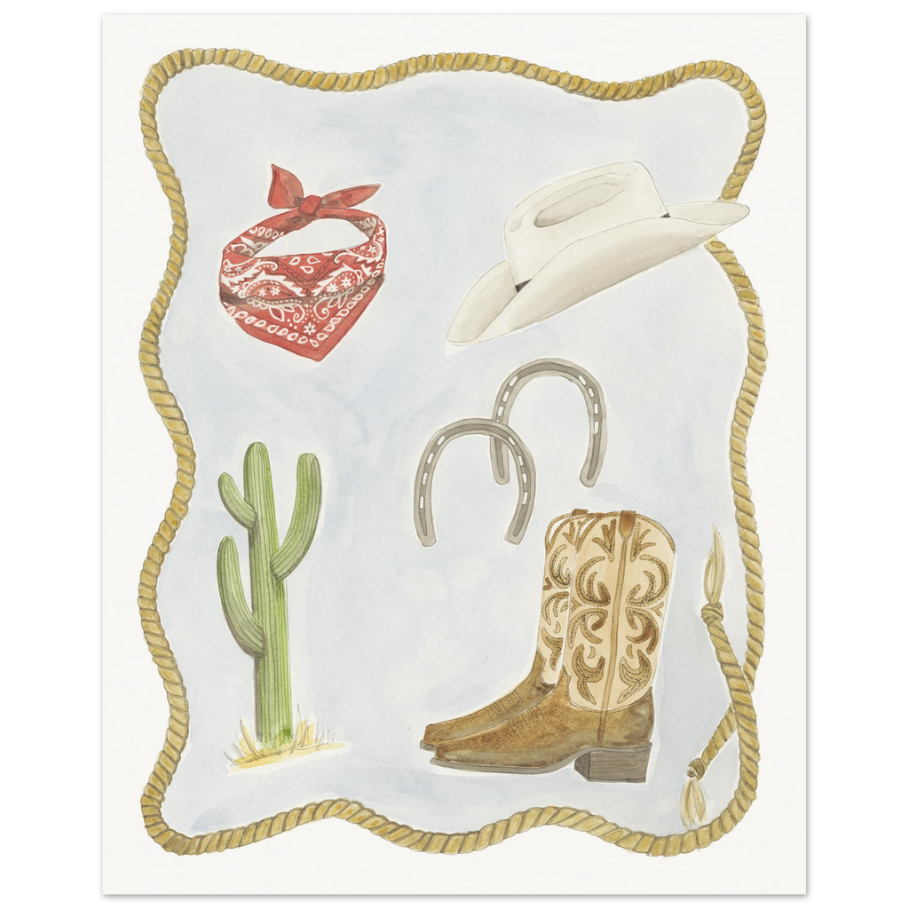 Whimsical Western Watercolor painting by Houston based artist, Jenny Wagner. Painting depicts western and cowboy items encircled by a lasso.