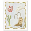 Whimsical Western Watercolor painting by Houston based artist, Jenny Wagner. Painting depicts western and cowboy items encircled by a lasso.