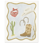 Whimsical Western Watercolor painting by Houston based artist, Jenny Wagner. Painting depicts western and cowboy items encircled by a lasso.