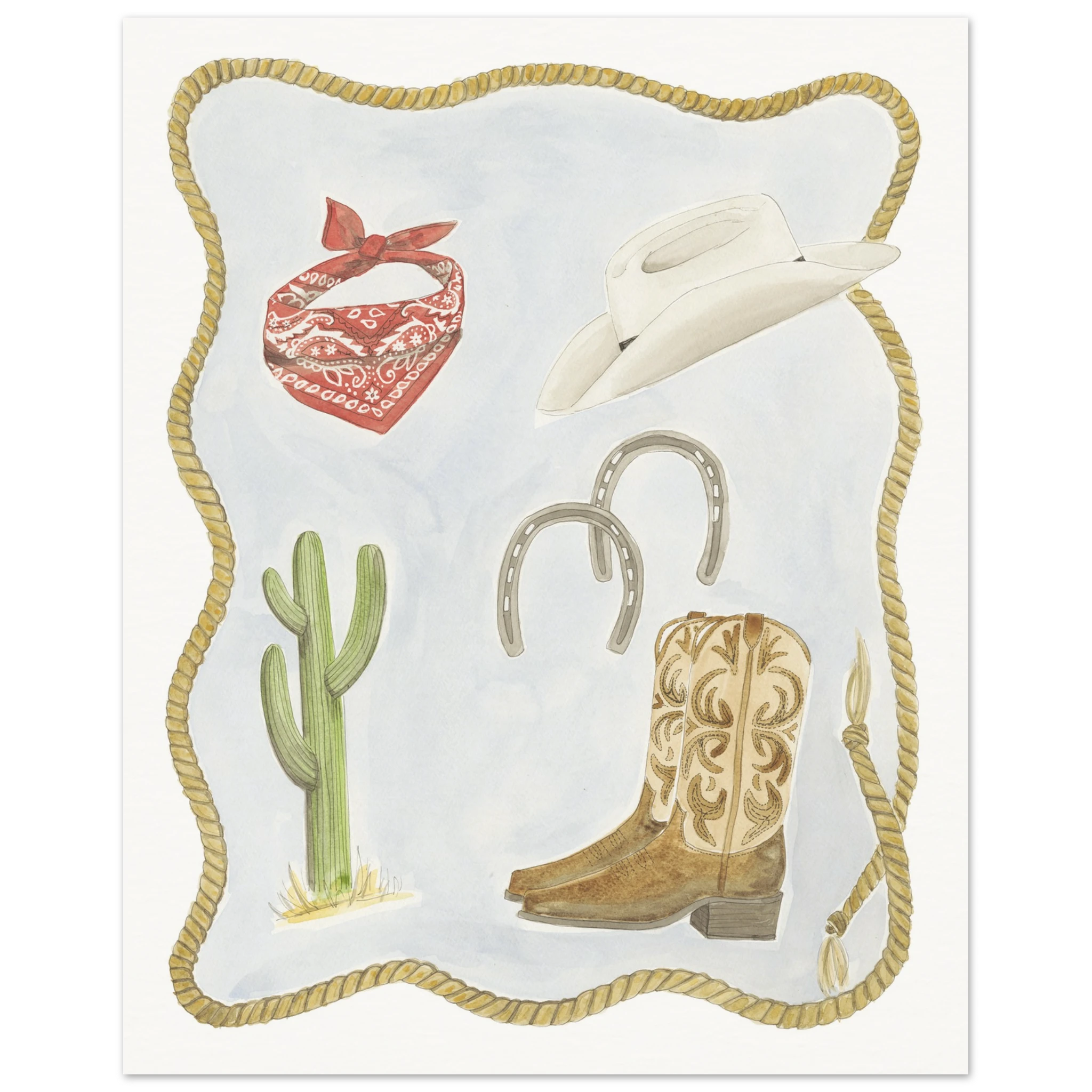 Whimsical Western Watercolor painting by Houston based artist, Jenny Wagner. Painting depicts western and cowboy items encircled by a lasso.
