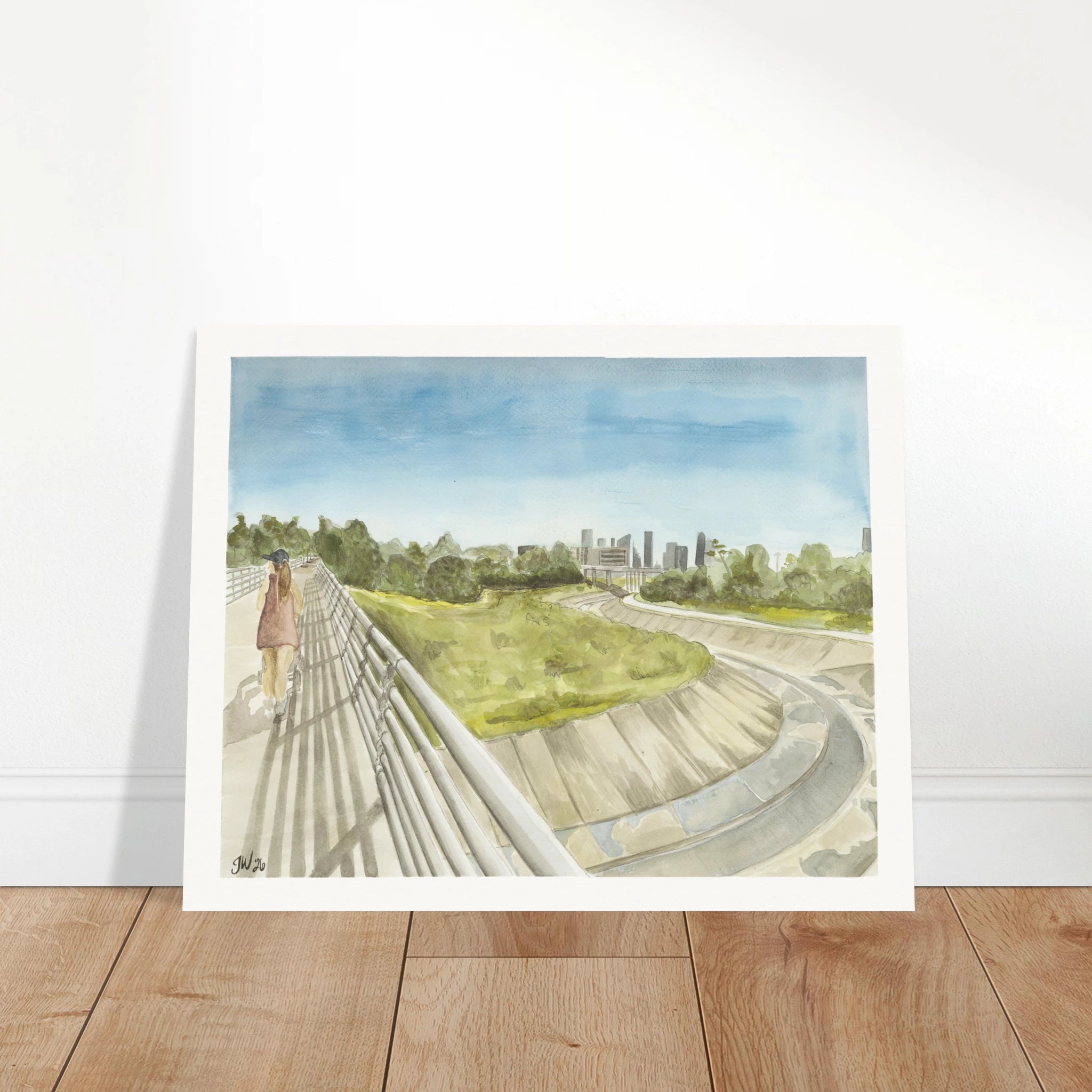 Fine art print of The Bayou Walk, by Houston artist Jenny Wagner, shown leaning against a neutral wall