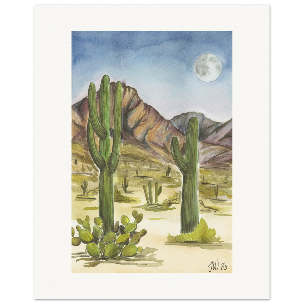 Fine art print by Houston based artist Jenny Wagner, Desert Moon. This watercolor print depicts a desert scene with saguaro cacti and a full moon in the background