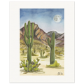 Fine art print by Houston based artist Jenny Wagner, Desert Moon. This watercolor print depicts a desert scene with saguaro cacti and a full moon in the background