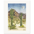 Fine art print by Houston based artist Jenny Wagner, Desert Moon. This watercolor print depicts a desert scene with saguaro cacti and a full moon in the background