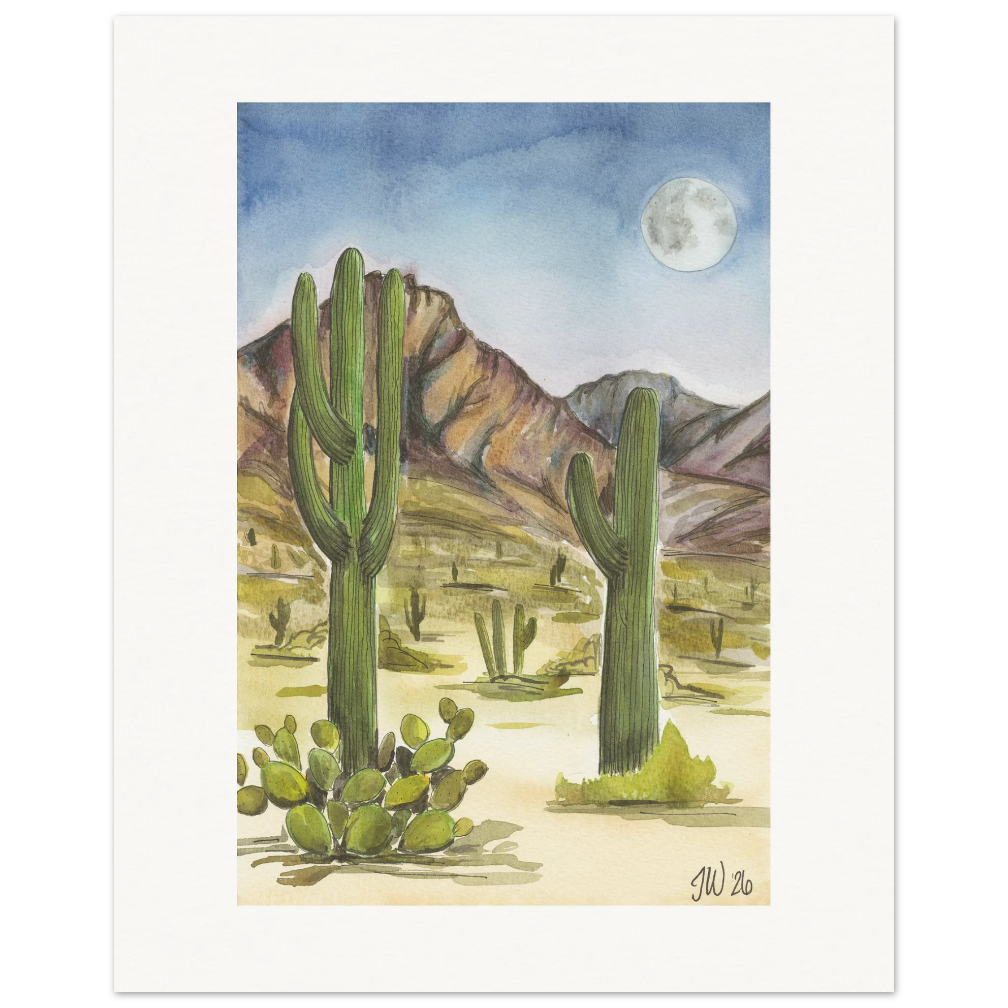 Fine art print by Houston based artist Jenny Wagner, Desert Moon. This watercolor print depicts a desert scene with saguaro cacti and a full moon in the background