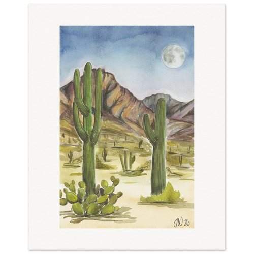 Fine art print by Houston based artist Jenny Wagner, Desert Moon. This watercolor print depicts a desert scene with saguaro cacti and a full moon in the background