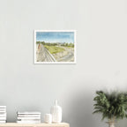 Fine art print, The Bayou Walk, by Houston artist Jenny Wagner shown on a neutral wall. This print depicts a scene from White Oak Bayou.