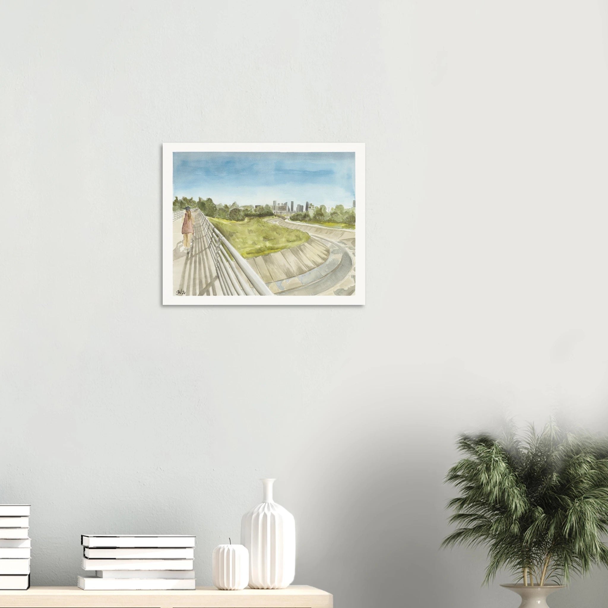 Fine art print, The Bayou Walk, by Houston artist Jenny Wagner shown on a neutral wall. This print depicts a scene from White Oak Bayou.