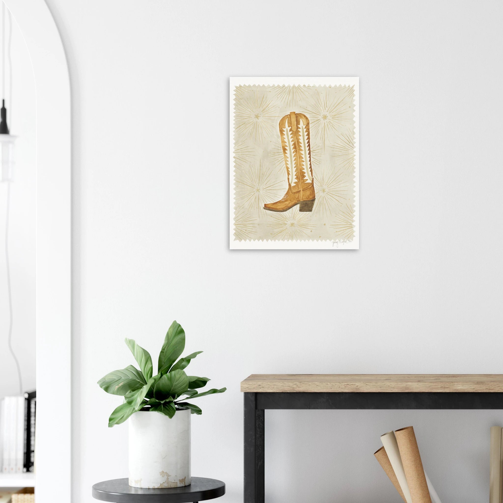 Starburst Boot fine art watercolor by Texas artist Jenny Wagner. Watercolor print shown on a neutral wall and brings warmth to any room