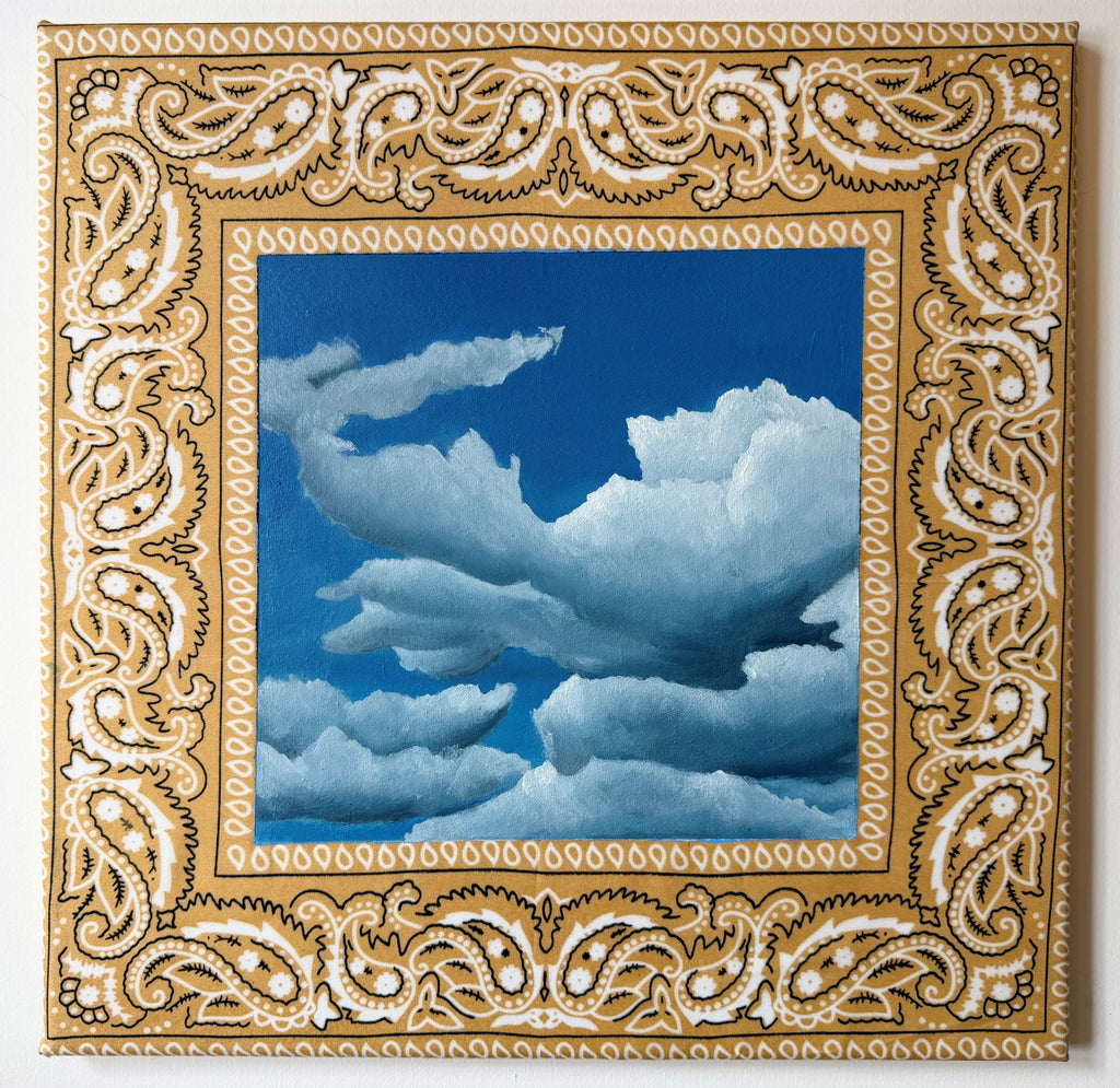 Original oil painting, Bandana Sky by Houston artist Jenny Wagner. This is a painting of clouds on a blue sky done over a hand stretched golden bandana.