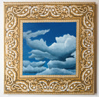 Original oil painting, Bandana Sky by Houston artist Jenny Wagner. This is a painting of clouds on a blue sky done over a hand stretched golden bandana.