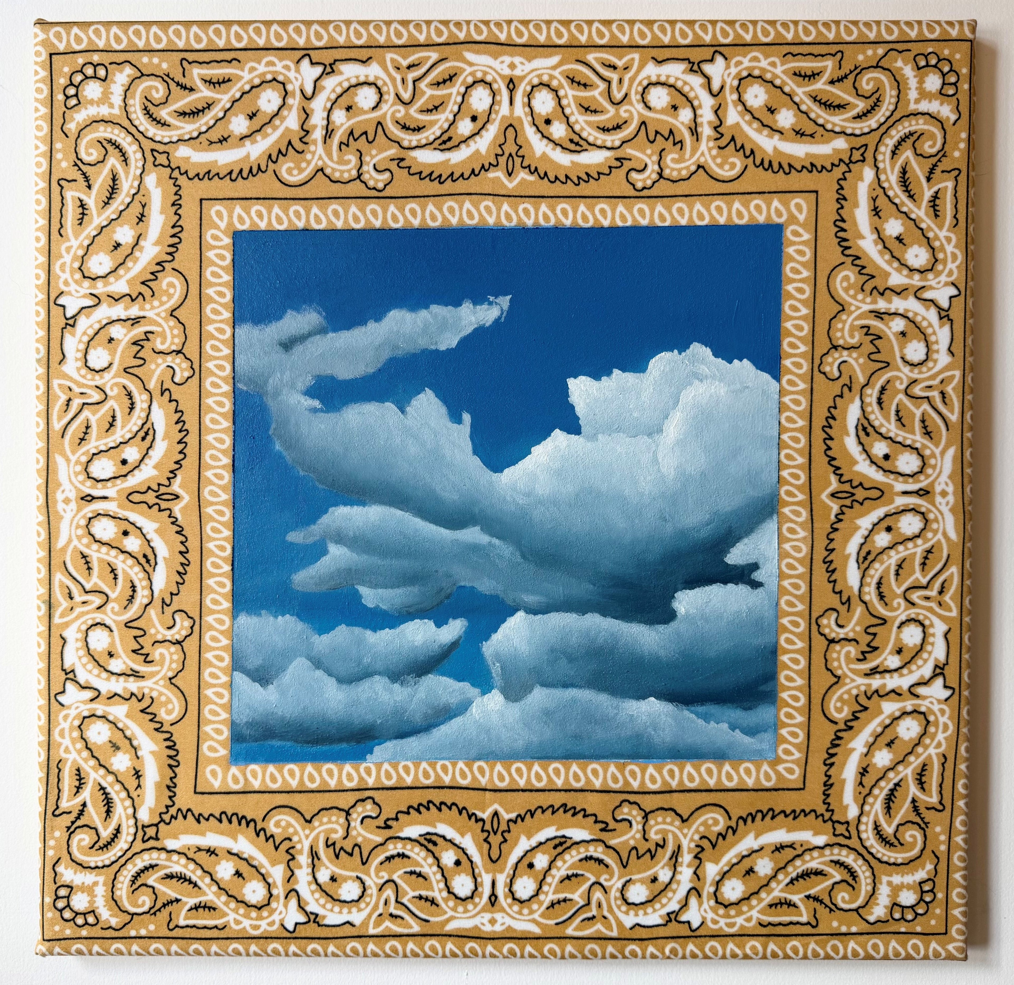 Original oil painting, Bandana Sky by Houston artist Jenny Wagner. This is a painting of clouds on a blue sky done over a hand stretched golden bandana.