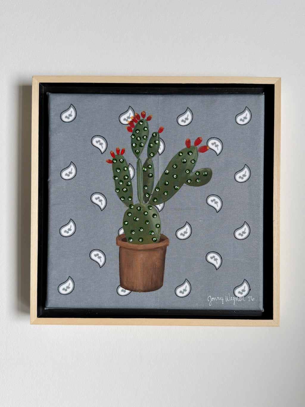 Jenny Wagner Bandana Mini Series featuring a prickly pear cactus painted on a hand stretched grey bandana with hand sewn bead and sequin details