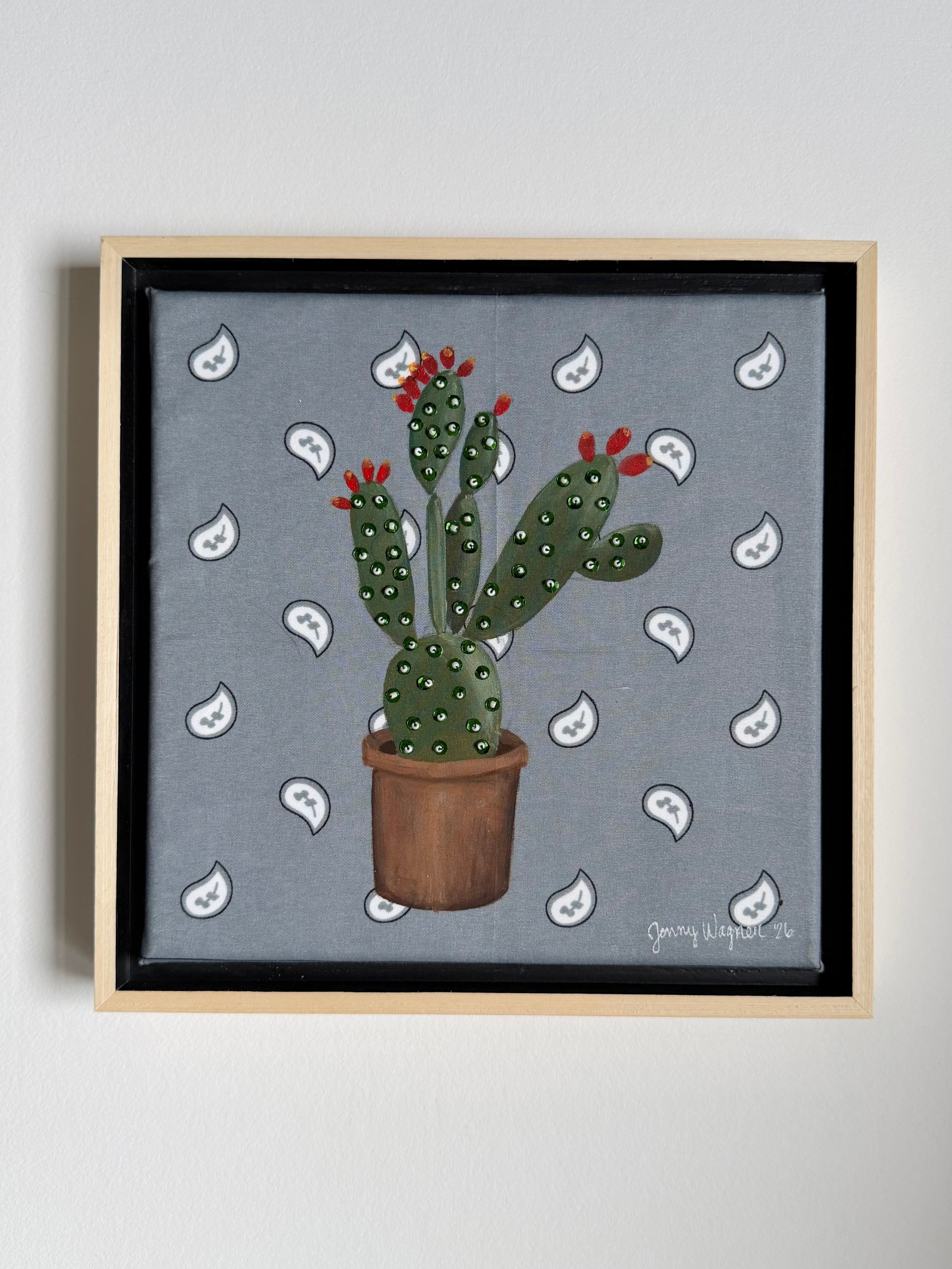 Jenny Wagner Bandana Mini Series featuring a prickly pear cactus painted on a hand stretched grey bandana with hand sewn bead and sequin details