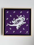 Jenny Wagner Bandana Mini Series, Purple Reign, featuring a horned frog on a hand stretched purple bandana with hand beaded details