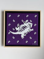 Jenny Wagner Bandana Mini Series, Purple Reign, featuring a horned frog on a hand stretched purple bandana with hand beaded details