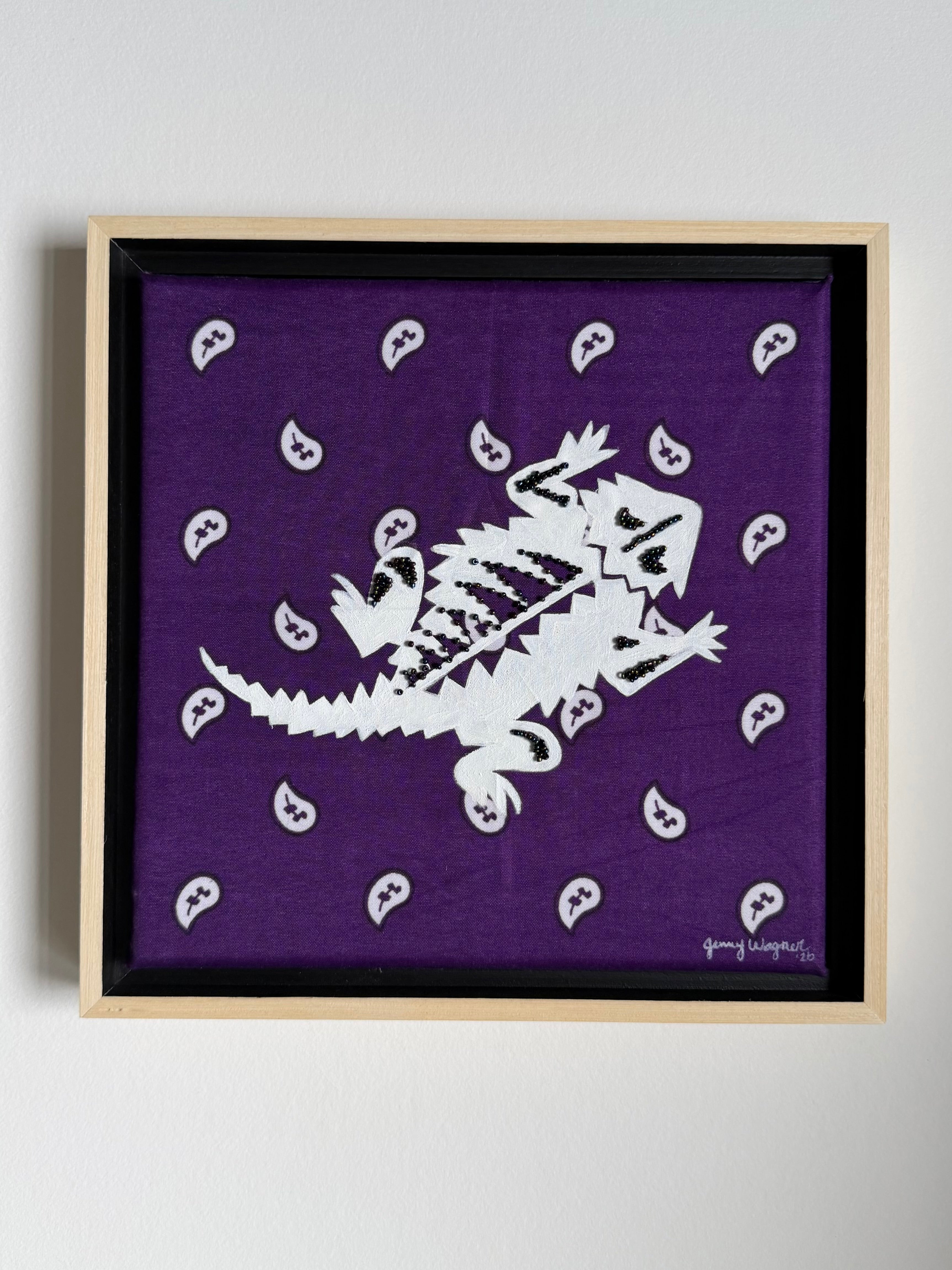 Jenny Wagner Bandana Mini Series, Purple Reign, featuring a horned frog on a hand stretched purple bandana with hand beaded details