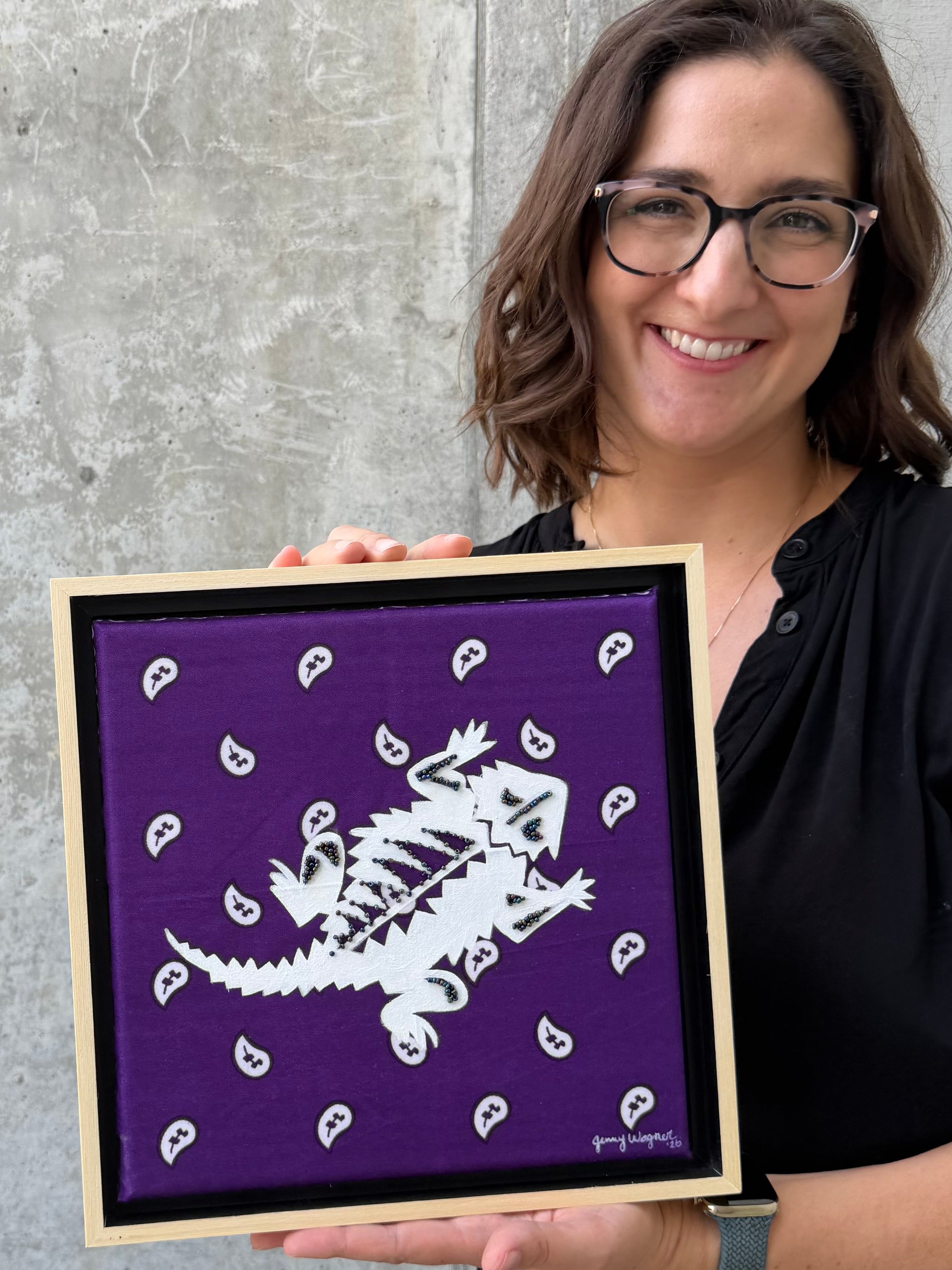 Texas artist, Jenny Wagner presenting her original mixed media painting "Purple Reign"