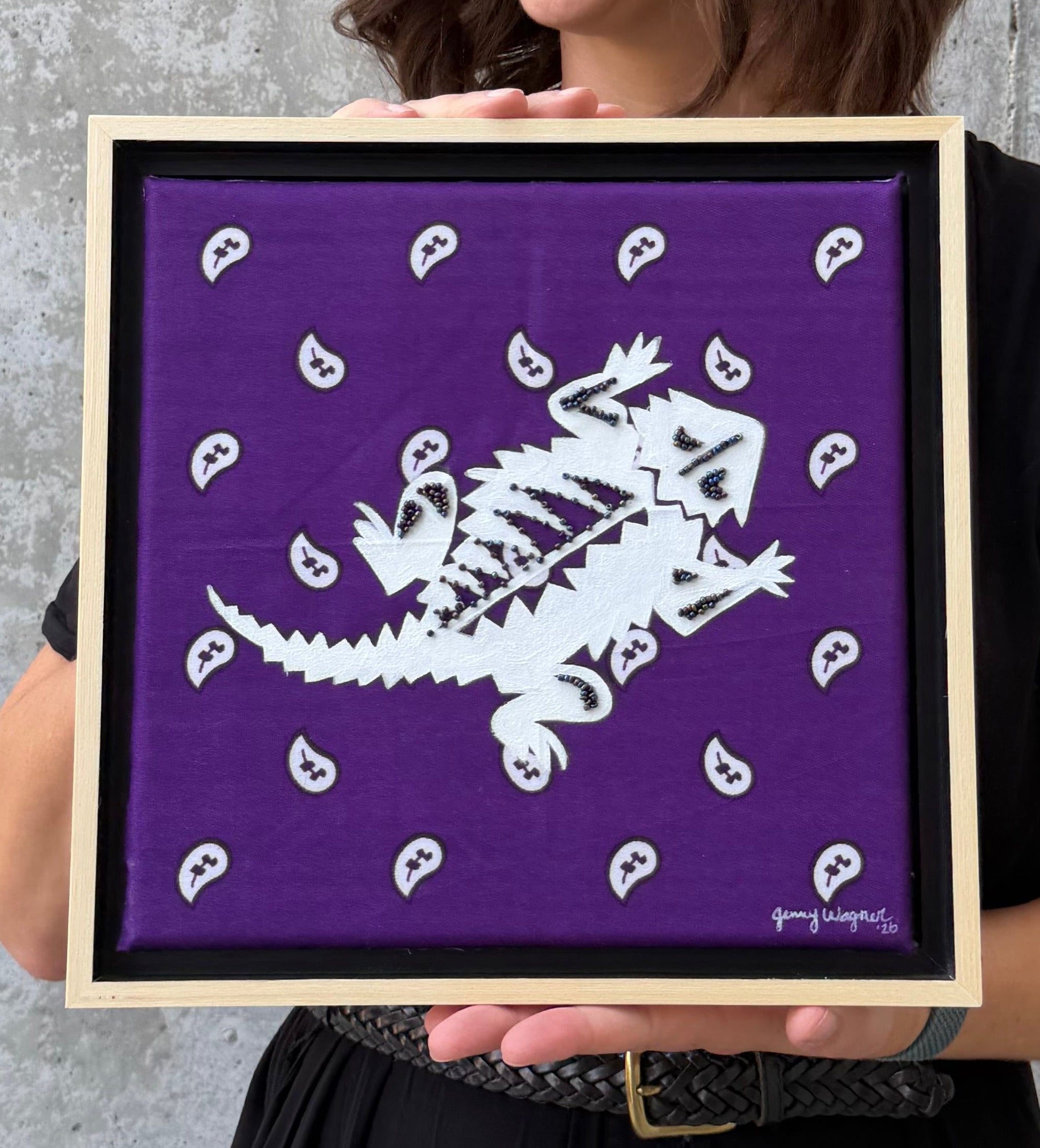 Close up on mixed media painting "Purple Reign" from the Bandana Series by Jenny Wagner featuring a horned frog