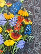 Close up of wildflowers painted in oil on a hand stretched bandana by Texas artist Jenny Wagner