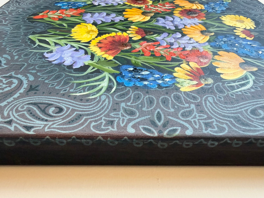 Side view of the deep gallery wrapped canvas for Wild at Heart, original oil painting on hand stretched bandana by Houston artist Jenny Wagner