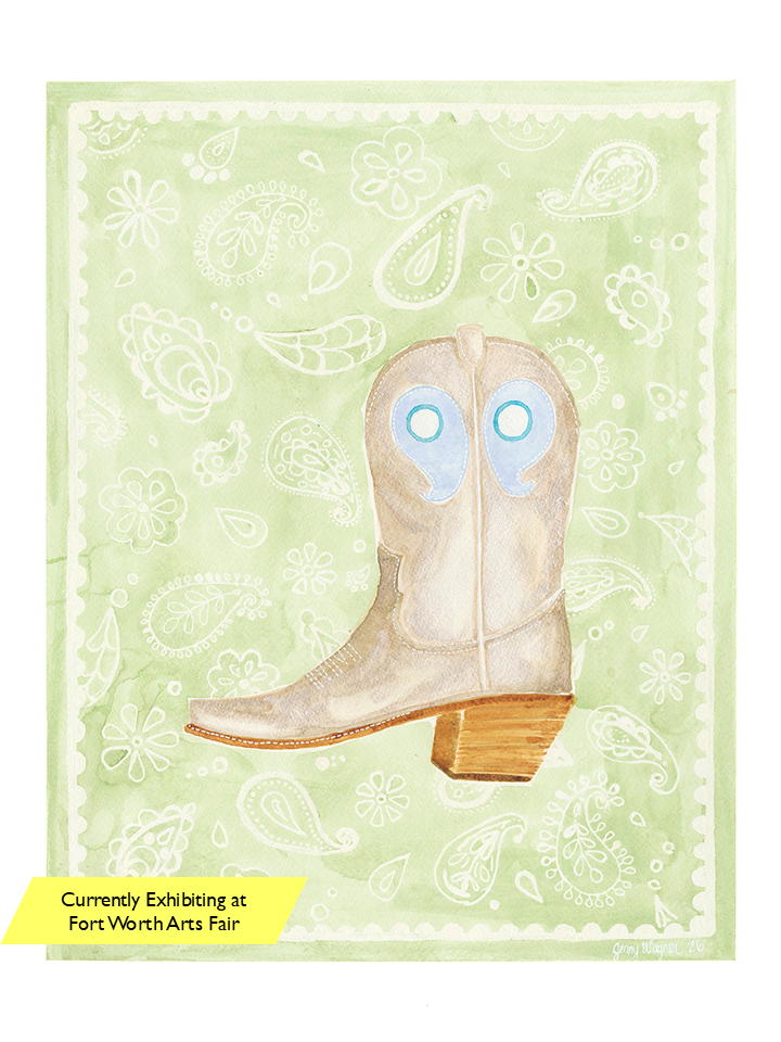 Bandana Boot by Texas artist Jenny Wagner featuring a metallic boot on a paisley background, currently exhibiting at Fort Worth Arts Fair