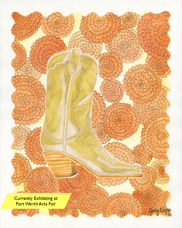 Original watercolor painting by Texas artist Jenny Wagner, of a metallic gold boot in a field of Marigold flower