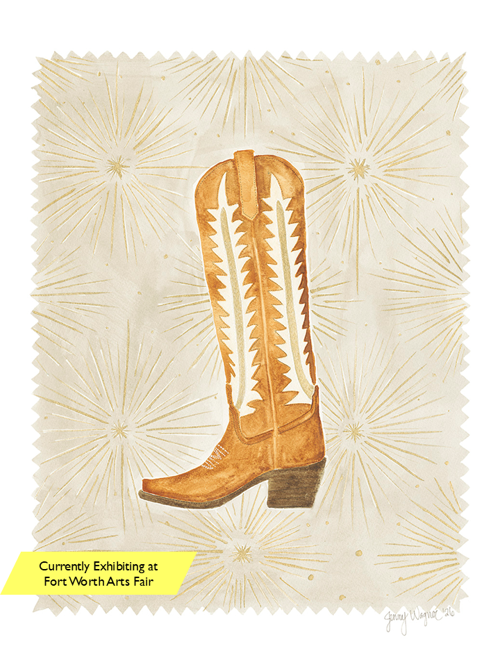 Original watercolor painting in the Jenny Wagner Boot Series, currently on exhibition at the Fort Worth Arts Fair