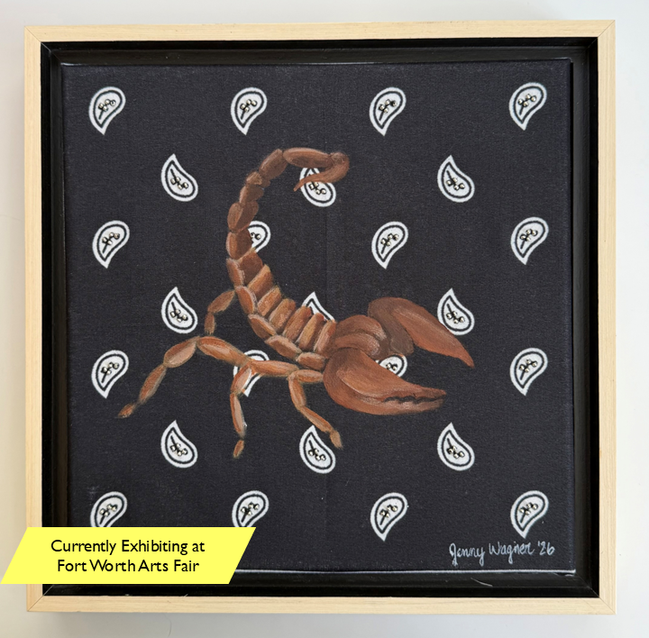 Original mixed media painting of a scorpion on a black bandana with hand beading, by Texas artist Jenny Wagner