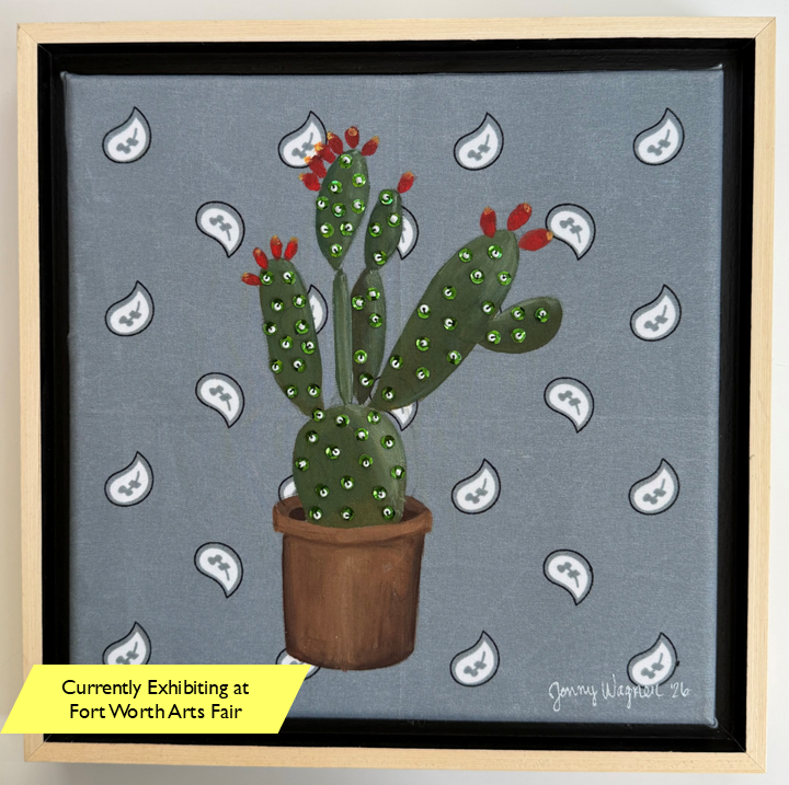 Mixed media painting of a prickly pear cactus on a grey hand-stretched bandana canvas with hand-applied beads and sequins by Jenny Wagner