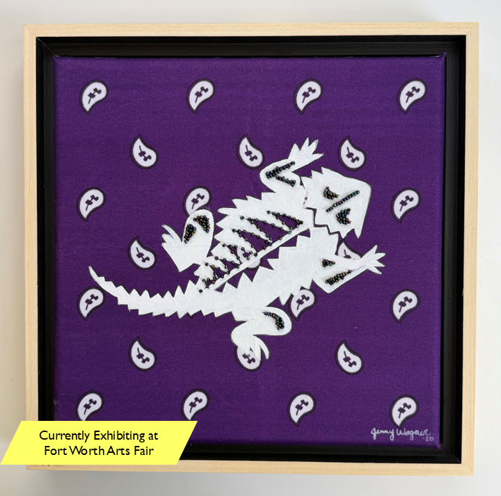 Mixed media painting of a horned toad on a purple bandana by Jenny Wagner